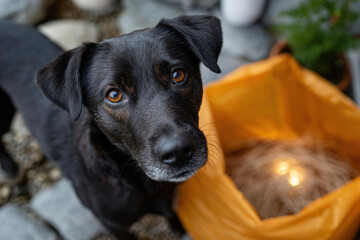 A curious black dog peeks out from behind a bright orange bag, capturing the playful and inquisitive nature of pets in a colorful and lively environment filled with potential fun.