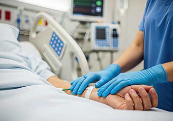 Obraz premium Doctor examines patient's arm with IV line in hospital bed. A close-up view showing expertise and caring. Patient care, medical examination, modern healthcare.