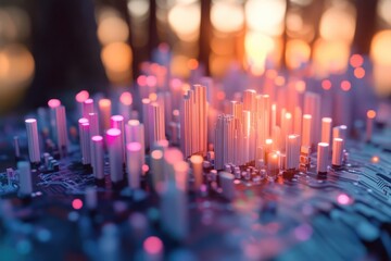 Abstract city landscape composed of illuminated pillars on a circuit board with a soft focus, creating a futuristic atmosphere.