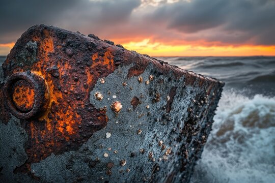 Weathered block with rust and barnacles sits on the shore against a dramatic sunset and stormy sea. - Powered by Adobe