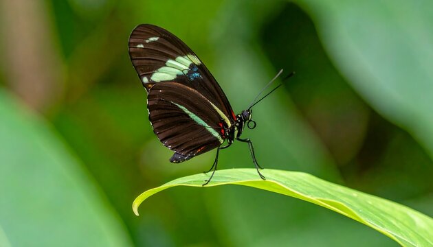Black and white butterfly on green leaf