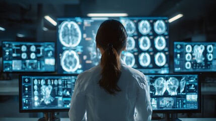 Medical professional reviewing multiple brain scans on computer monitors.