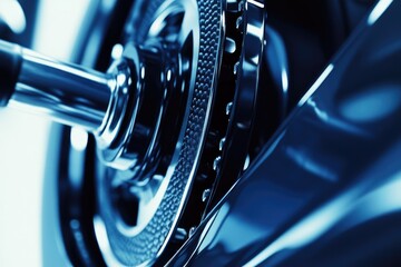 A close-up shot showcasing the intricate details of a polished, modern motorcycle wheel in a striking blue hue.