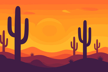 An illustrated desert scene at sunset, with towering cacti silhouetted against a vibrant orange sky. This serene landscape captures the essence of the desert with its characteristic flora.