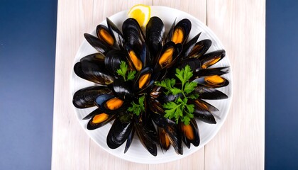 Cooked mussels arranged on a white plate