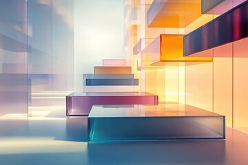 Abstract architecture featuring translucent colored glass blocks, creating a modern and minimalist geometric design.