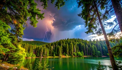 Dramatic lightning storm over a serene mountain lake
