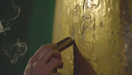 Close-up of hand touching golden wall