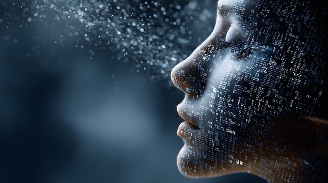 Profile view of a person's face overlaid with digital code.