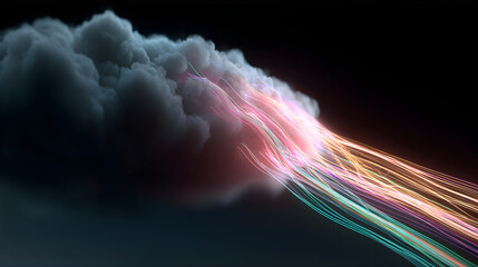 Pink and blue light streams bursting from a dark cloud representing data transfer from cloud storage onto dark background.