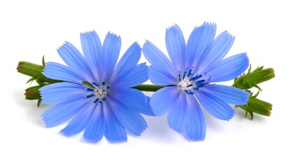 Two vibrant blue chicory flowers on a white background
