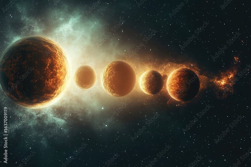 Wall mural five planets aligned in space glow with warm light, surrounded by nebulous clouds and distant stars 