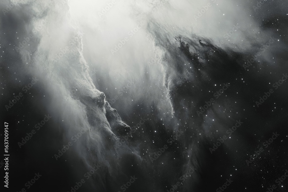 Wall mural a grayscale image showing a nebula with stars scattered among the light and dark areas of interstell