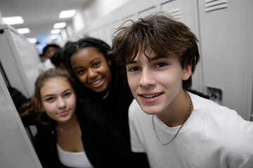 A cheerful trio of students posing near their school lockers, embodying youthful energy and strong friendship as they enjoy the school environment and share a moment.