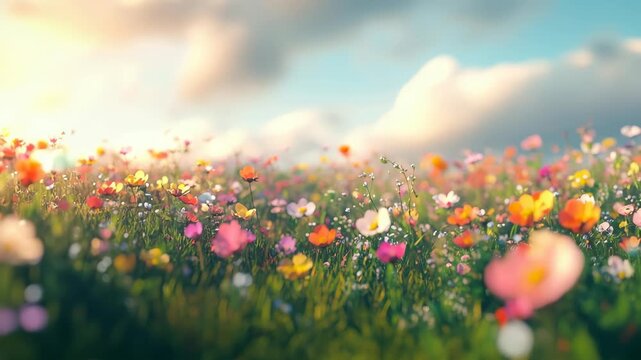 Vibrant wildflower field at sunrise, captured from a low-angle, creating a dreamy, cinematic video effect with soft focus and warm tones. Live desktop wallpaper.