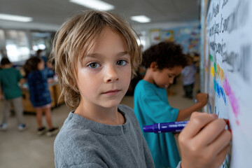 Obraz premium A curious child is focused on writing with a marker on a wall filled with colorful thoughts and ideas, showcasing the joy of creativity experienced in a classroom setting.
