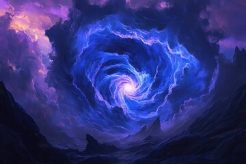 A mesmerizing digital artwork of a swirling, luminous nebula amidst jagged mountains under a violet sky.