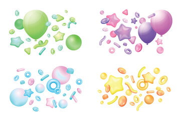 3D objects and festive decoration of different colors, flying happy birthday party elements set. Falling balloons, stars and bubbles toys collection for winner congratulation vector illustration