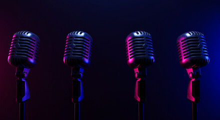 Four Vintage, Retro Microphones on Stage with Blue and Pink Lighting, Music Performance, Concert