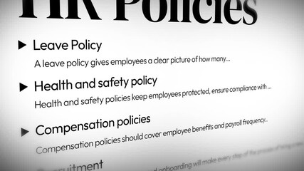 HR policies written on the paper close up scrolling 4k footage. Company, policy, hiring recruiter.