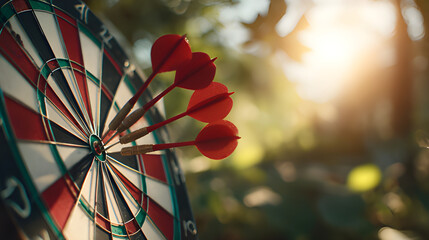 Aim high marketing activation darts in a target. Target team bullseye infographic outdoor sunlit background. Pub dart game players arrows hitting the center. 