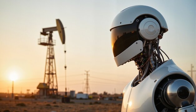 Futuristic robot standing in an oil field at sunset, reflecting curiosity and exploration against a backdrop of industrial machinery and a vivid sky, concept of energy, technology, and innovation