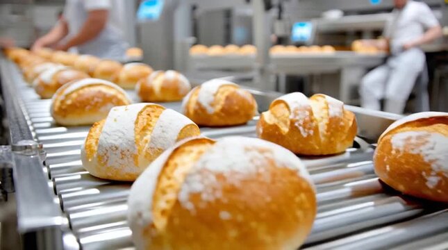 Freshly baked bread rolls on a conveyor belt in a modern bakery, production process with skilled bakers working in the background