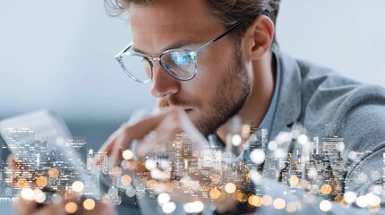 Businessman focused on tablet with digital cityscape overlay, exploring innovative technology and data analysis - Powered by Adobe