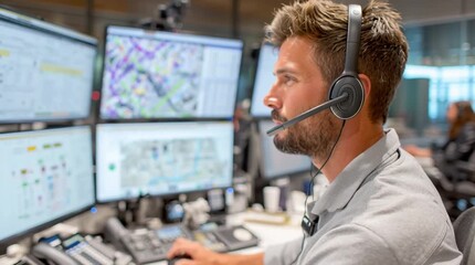 Male customer service representative wearing headset, focused on multiple computer screens displaying maps and data - Powered by Adobe