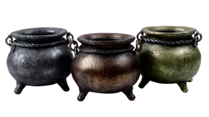 Photo of three witchs cauldrons isolated on white background