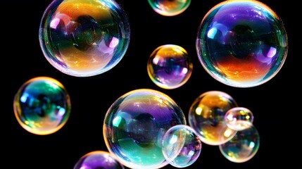 Naklejka premium Vibrant Rainbow Soap Bubbles Floating on Black Background