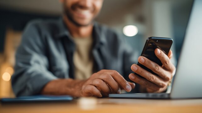 Man smiling while using smartphone and laptop at a desk