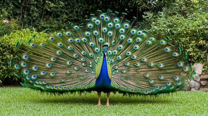 Obraz premium Majestic peacock displaying vibrant feathers in garden setting wildlife photography for nature lovers