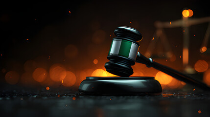 Wooden gravel with Nigeria green white green customized flag on color bokeh blur background 