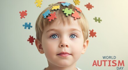 World Autism Day: A close-up portrait of a child with puzzle pieces representing thoughts and awareness, in the context of World Autism Day, creating a scene of calm reflection and understanding.