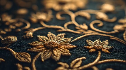 Close-up view of intricate gold embroidery on dark fabric.