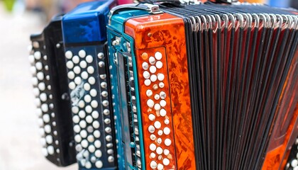 Close-up of multiple accordions