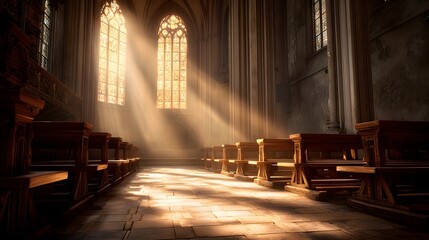 Obraz premium Sunlight streams through stained glass windows in a historic church.