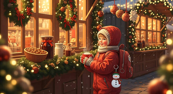 A young child enjoys a warm drink at a festive christmas market stall decorated with lights and wreaths