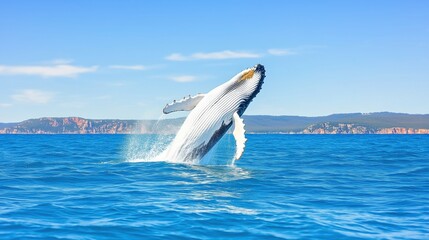 Fototapeta premium Humpback whale jumping out of the water in Australia. The whale is falling on its back and spraying water in the air.