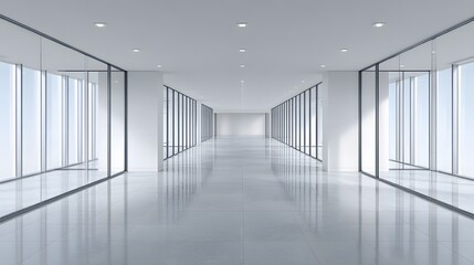 Empty office hallway with large windows.