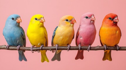 Colorful birds perched in row against pink background. Symbol of avian diversity, wellness and care. Promoting vibrant health during Bird Health Awareness Week