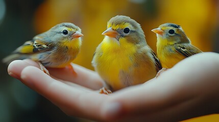 Three small yellow birds resting gently on human hand. Gentle care and connection between people and birds. Highlighting safe handling for Bird Health Awareness Week