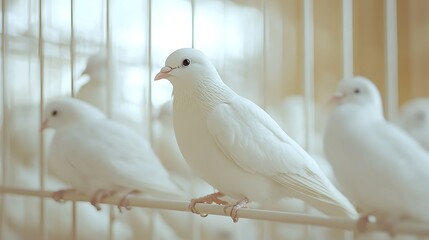 Fototapeta premium White dove sitting in cage among other doves. Clean enclosure and calm environment promote responsible care during Bird Health Awareness Week