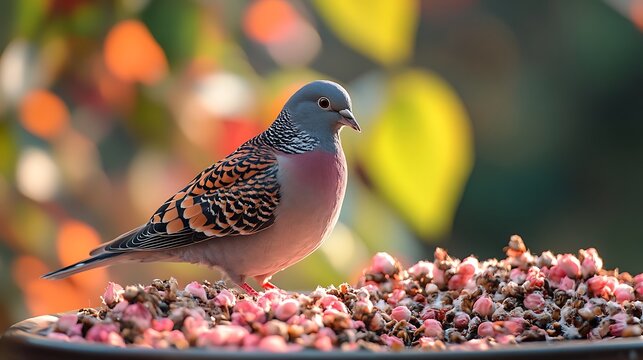 Speckled dove near bowl of seeds and dried flowers. Balanced nutrition and proper feeding emphasized for Bird Health Awareness Week and bird care awareness