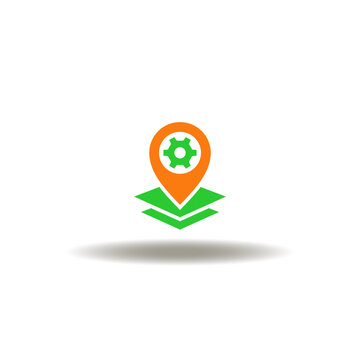 Vector illustration of location pointer with map and gear wheel. Icon of delivery service. Symbol of GIS system.
