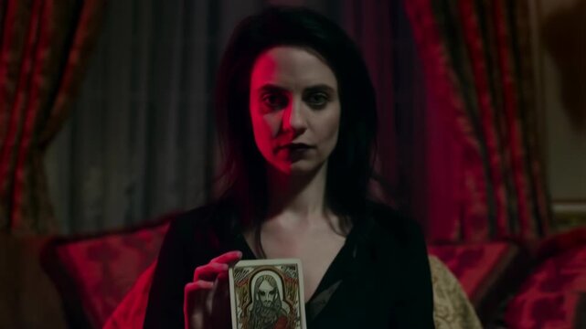 Middle-aged fortune teller holding tarot card in red-lit mystical room