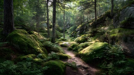 Fototapeta premium Sunlight filters through a mossy forest path.