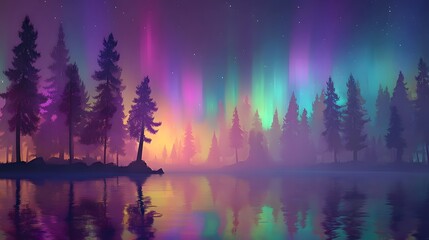 Fototapeta premium Colorful aurora borealis above a misty forest lake.