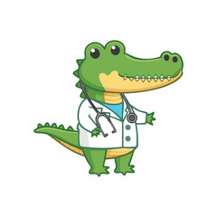 A cartoon alligator dressed as a doctor with a stethoscope around its neck